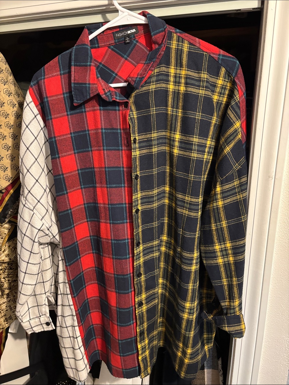 Fashion Nova Tri-Panel Plaid Button-Down Shirt - Red, Yellow & White